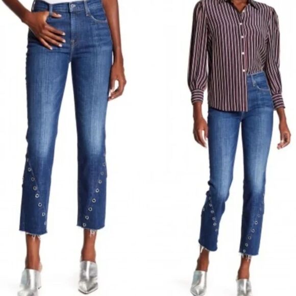 7 For All Mankind Edie Straight Leg Jeans Size 27 Raw Hem Eyelet Detail - Picture 10 of 10